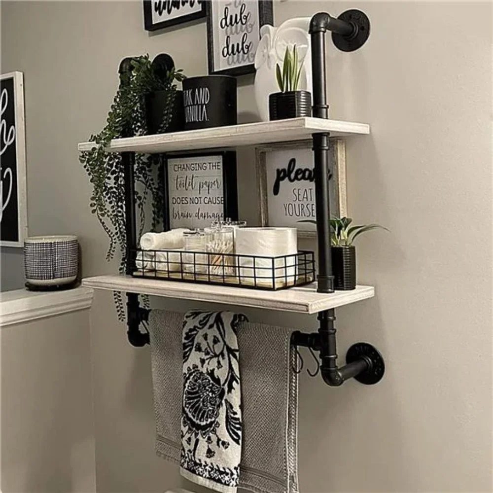 Pipe Shelving Bathroom Pipe Shelves with Towel Bar,2 Tier 24 inch Retro White